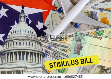 Covid 19 lockdown Coronavirus financial financial assistance to air carriers from government USA dollar cash banknote on American flag Global pandemic [[stock_photo]] © 