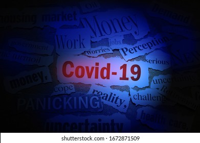 Covid 19 Newspaper Headlines With Related News Items Around It --- Corona Virus Impact Concept