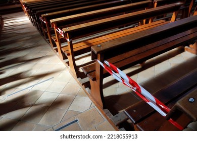 Covid 19 Pandemic. Social Distancing . Empty Benches.  Saint Gervais Church. France. 