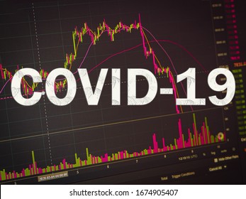 Covid 19 Text Crisis And Technical Price Graph And Indicator, Red And Green Candlestick Chart On Black Screen, Market Volatility, Up And Down Trend. Stock Trading, Currency. Market Crash Concept