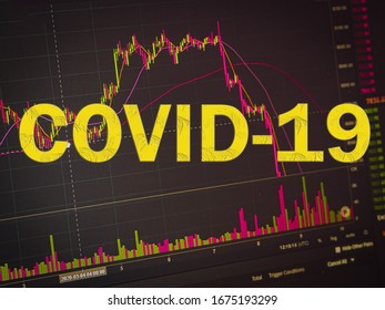 Covid 19 Text Crisis And Technical Price Graph And Indicator, Red And Green Candlestick Chart On Black Screen, Market Volatility, Up And Down Trend. Stock Trading, Currency. Market Crash Concept