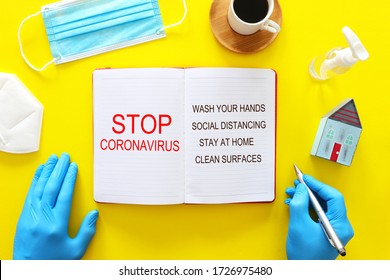 Covid 19 Work From Home Background Concept. Top View Notebook On Home Office Coronavirus Outbreak.