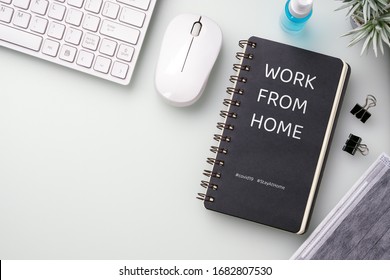 Covid 19 Work From Home Concept. Pandemic Covid-19 Coronavirus Quarantine Concept. Mockup Notebook For Covid19. Social Distancing Employee Work At Home To Prevent Virus Infection In Covid-19 Outbreak.