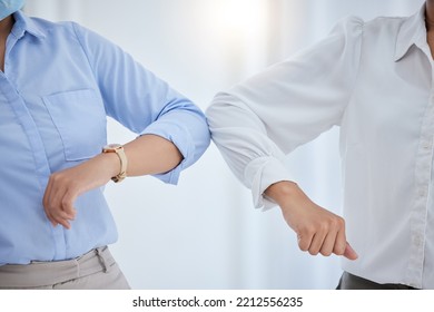 Covid, Arms And Elbow Greeting For Business Safety, Rules And Regulations For Compliance At The Office. Corporate People Practicing Social Distancing At The Workplace With Safe Arm Touch Or Welcome