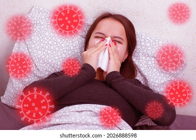 covid bacterium icon,sick girl is lying in bed, surrounded by viruses
