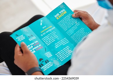 Covid, brochure and person reading information on a virus for safety, security and protection. Healthcare, advice and patient with knowledge of vaccination on document from clinic with instructions - Shutterstock ID 2254369039