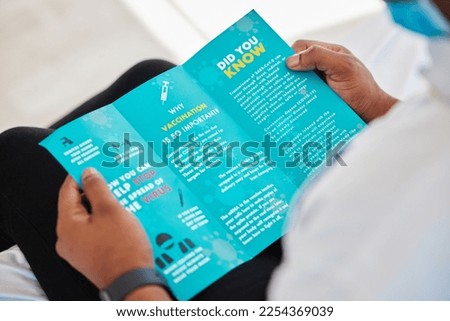 Covid, brochure and person reading information on a virus for safety, security and protection. Healthcare, advice and patient with knowledge of vaccination on document from clinic with instructions
