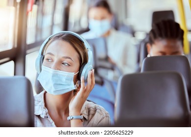 Covid, Bus And Woman With Face Mask And Headphones Listening To Podcast On Safety Compliance, Freedom Or Health Risk. Girl City Travel Or Transportation And Music For Corona Virus Radio News Update