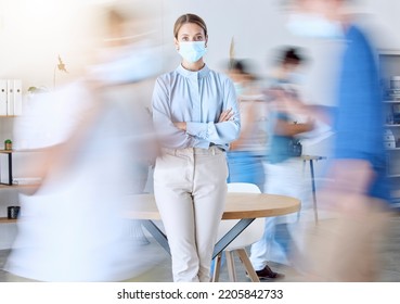 Covid, Busy Office And Business Woman Portrait With Face Mask Rules For Staff Safety, Healthcare And Corona Virus Risk In Modern Office. Motion Blur, Fast Moving People And Corona Virus Workplace Job