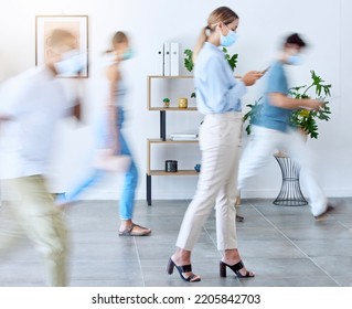 Covid, Busy Office And Woman Typing Phone Walking In Modern Office With Face Mask. Motion Blur, Fast Business People And Corona Virus Workplace With Employee Moving, Working And Typing On Smartphone