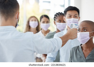 Covid Compliance, Business And People With Face Mask Testing With Thermometer At Security To Check Symptoms For Office Policy. Diversity, Employees And Corona Virus Safety For Men And Women At Work