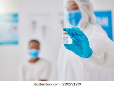 Covid, Corona Virus Vaccine Or Vaccination With Healthcare Worker Hands Showing Liquid Glass Container Or Bottle. Medical Doctor Preparing A Coronavirus Prevention Dosage Shot For Patient In