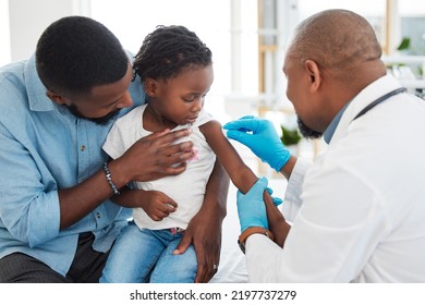 Covid, Dengue And Medical Vaccine Of A Child With Father And Kid Doctor Or Pediatrician. Healthcare Worker Work And Help With Medicine Injection In A Family Hospital, Baby Clinic Or Health Facility