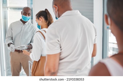 Covid, Digital Passport And Traveling While Checking In At Airport To Travel During Pandemic With Face Masks. Travelers Or Staff In Line To Show Vaccine Certificate To Airline Attendant Or Security