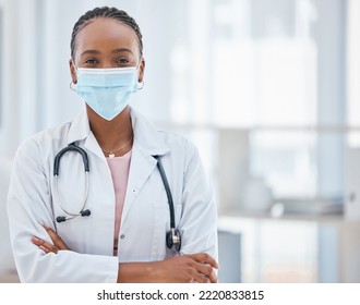 Covid, Doctor And Confident Black Woman In Healthcare In Face Mask, Leadership Mindset And Success In Medicine. Safety, Vision And Woman Medical Leader With Vision To Help Support Africa In Pandemic