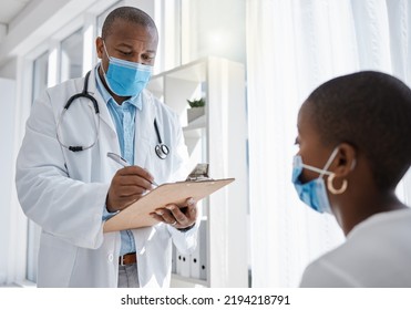 Covid Doctor Or Medical Worker Consulting A Patient For And Writing Health Information At The Hospital. Healthcare Man Working On Insurance, Paper Or Checklist For A Woman At A Clinic