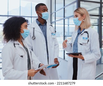 Covid, Doctor And Team Communication With Mask Talk About Medicine Or Corona Virus Pandemic. Diversity Group Of People, Medical Healthcare Worker Or Hospital Employee In Covid 19 Chat