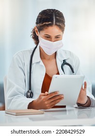 Covid, Doctor And Woman With Tablet Working On Covid 19, Corona Virus Or Medical Healthcare Research For Pandemic Solution. Digital Mobile Tech, Telehealth And Hospital Employee With Safety Face Mask