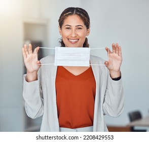 Covid, Face Mask And Happy Woman Holding A Medical And Corona Safety Product. Covid 19, Instruction And Healthcare Coach Woman With A Happy Smile Portrait Teaching How To Use Health Care Masks