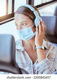 Covid, Face Mask Or Headphones On Woman In Bus For City Travel, Public Transport Or Location Commute. Thinking, Fashion Or Relax Student In Virus Compliance Listening To Podcast, Radio Or Music Audio