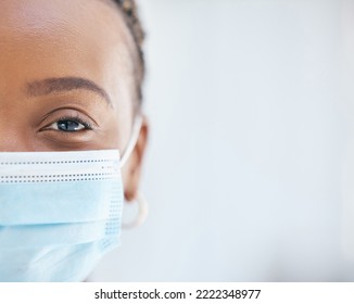 Covid, Face Mask And Portrait Of Doctor Working In Hospital With Safety, Compliance And Vision In Eye For Health, Healing And Innovation. Black Woman In Healthcare And Medical Field During Covid 19