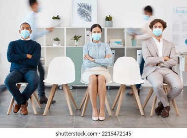 Covid Face Mask, Social Distancing Or Busy Office Men Or Woman With Arms Crossed, Safety Compliance Or Virus Security. Portrait, Business People Diversity Or Covid 19 Healthcare In Job Interview Line