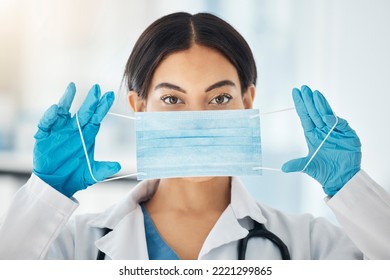 Covid Face Mask, Woman Doctor And Safety Ppe For Healthcare, Wellness Consulting And Professional Surgeon Working In Hospital. Portrait Of Medical Worker Prepare For Corona Virus Surgery In Clinic