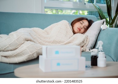 Covid First Aid Box Self Recover Health Care Of Woman Patient Fever, Cold Or Sick Her Sleep On Sofa. Customer Delivery Service From Hospital Online Clinic Retail Rx Drug Store In E-commerce Home Order