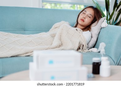 Covid First Aid Box Self Recover Health Care Of Woman Patient Fever, Cold Or Sick Her Sleep On Sofa. Customer Delivery Service From Hospital Online Clinic Retail Rx Drug Store In E-commerce Home Order