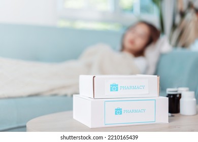 Covid First Aid Box Self Recover Health Care Of Woman Patient Fever, Cold Or Sick Her Sleep On Sofa. Customer Delivery Service From Hospital Online Clinic Retail Rx Drug Store In E-commerce Home Order