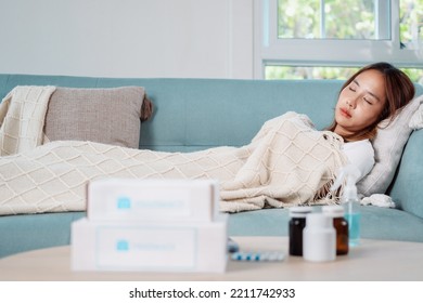 Covid First Aid Box Self Recover Health Care Of Woman Patient Fever, Cold Or Sick Her Sleep On Sofa. Customer Delivery Service From Hospital Online Clinic Retail Rx Drug Store In E-commerce Home Order