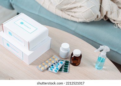 Covid First Aid Box Self Recover Health Care Of Woman Patient Fever, Cold Or Sick Her Sleep On Sofa. Customer Delivery Service From Hospital Online Clinic Retail Rx Drug Store In E-commerce Home Order