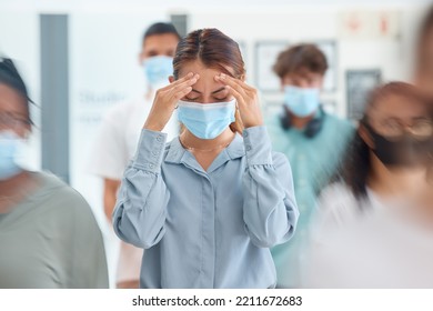 Covid, Headache And Business Woman In Mask In Busy Work Environment, Company Office Lobby Or People Crowd. Health, Healthcare Safety Ppe Or Female Burnout Stress, Sick Or Corona Virus Infection Pain