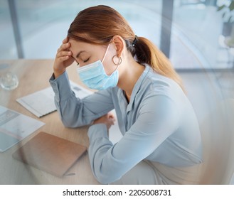 Covid, Headache And Face Mask On Business Woman In Compliance Office, Corporate Startup And Company. Sick, Anxiety And Burnout Worker Or Tired Employee With Stress Pain From Global Healthcare Virus