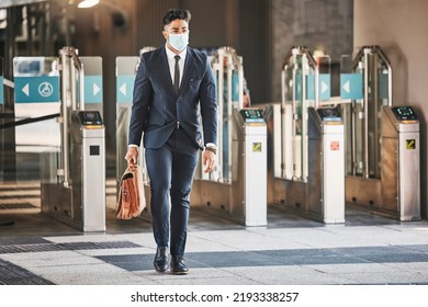 Covid, Health And Safety On Public Transport, A Businessman Walking In A Bus Or Train Station In A Business Suit And Face Mask. Career, Travel And An Office Worker On His Morning Journey In The City