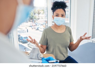 Covid, Healthcare And Frustrated Patient In A Hospital With A Doctor Annoyed At A Delay During A Medical Appointment For Consulting And Advice. Woman In A Mask Feeling Upset During Medical Checkup