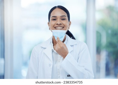 Covid, healthcare and happy portrait of doctor woman in professional Mexico clinic with smile. Optimistic medical expert remove face mask protection at end of coronavirus health pandemic. - Powered by Shutterstock