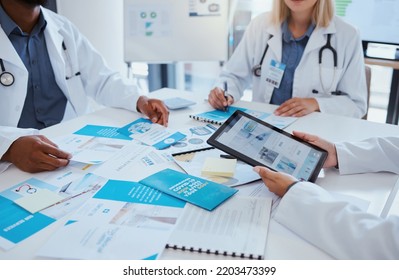 Covid Information, Healthcare Doctor Document And Medical Research Data On Paperwork, Digital Tablet And Vaccine Planning. Closeup Of Hospital Team Meeting For Corona Virus Science Analysis Results