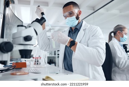 Covid, Lab Mask And Vaccine Research Man With Medicine Analysis Test Tube In Medical Facility. Development, Innovation And Professional Expert Working On New Coronavirus Breakthrough Cure.