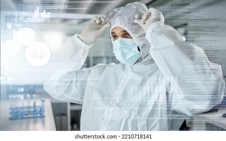 Covid Lab, Medical Science And Scientist Working On Research For Medicine Innovation At Work. Chemistry Doctor With Uniform For Safety From Virus And Chemical During Test And Analysis At A Hospital