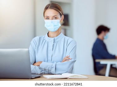 Covid Mask, Business Woman By A Computer In A Office Ready To Start With Online Research. Portrait Of A Female Employee And Worker About To Use Pc Technology, Internet And Digital Tech In A Office