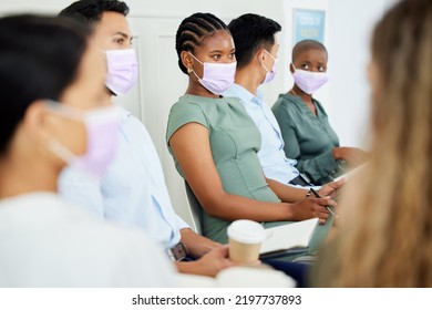 Covid, Mask Or Conference For Learning, Training Or Development With Business People In A Workshop, Tradeshow Or Seminar. Listening, Audience Or Convention With Staff During The Corona Virus Pandemic