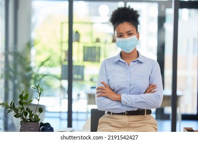 Covid Mask Policy And Safety In The Office Workplace With Businesswoman Covering Her Face During Quarantine, Lockdown Or Flu Season. Respectful And Leadership Professional Female In A Work Portrait