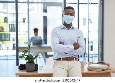 Covid, Mask Policy And Safety In The Office Workplace With Businessman Covering His Face During Quarantine, Lockdown Or Flu Season. Leader, Manager And Professional Young Man At Work In A Pandemic.