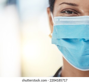 Covid, Medical Face Mask And Female Doctor With Safety Gear For Hygiene, Protection And Healthcare Insurance In Hospital. Closeup Portrait Of Woman Against Virus, Pandemic And Coronavirus Copy Space