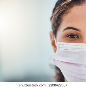 Covid, Mockup And Face With A Woman In A Mask During The Pandemic For Healthcare Marketing Or Advertising. Closeup Portrait Of An Attractive Young Female Covering Her Mouth During The Corona Virus