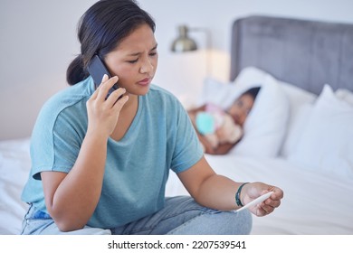 Covid, Mother And Call In Bedroom With Phone For Communication With Doctor For Child Healthcare. Anxious, Worried And Stressed Filipino Mom On Smartphone For Advice On Thermometer Reading.