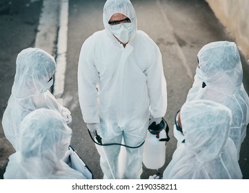 Covid Pandemic Outbreak Team Of Doctors Or Medical Workers Wearing Protective Ppe To Prevent Spread Of Virus Outside. Group Of Scientists Wearing Hazmat Suit For Corona Or Ebola Disease In The