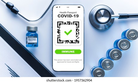 Covid passport. Coronavirus vaccination certificate of immunity passport on smartphone screen with doctor stethoscope, healthcare charts, syringe and medical equipment on hospital white background - Powered by Shutterstock