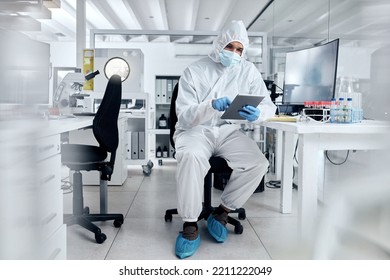 Covid, Ppe And Tablet With Scientist In Research Laboratory For Corona Virus Innovation, Data Management Software And Online Results. Biotechnology Expert Digital Analysis Of Healthcare Medical Test